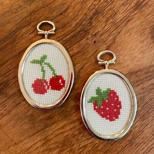 Hand Crafted Handmade Cross-Stitch tiny fruits (Set of 2) in vintage frames